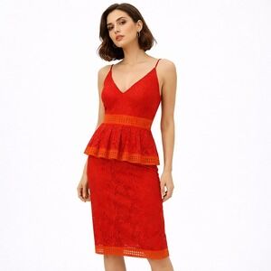 ASOS Red Lace Peplum Knee-Length Dress Crochet Trim V-Neck Size US 4 Cocktail